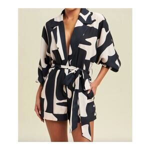 Luxxel Abstract Print Belted Kimono Sleeve Romper – Size L